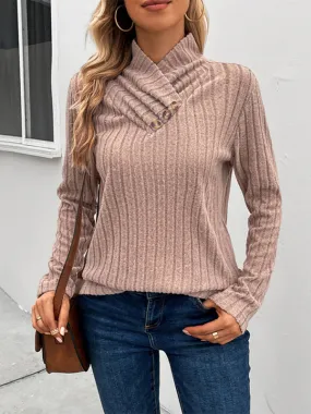 Cozy Ribbed Knit Stand Collar Sweater Top