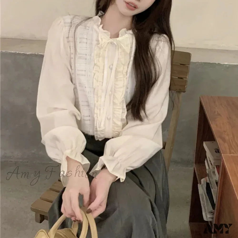 Elegant Lace Trim O-Neck Fall Sweet Cute Blouse