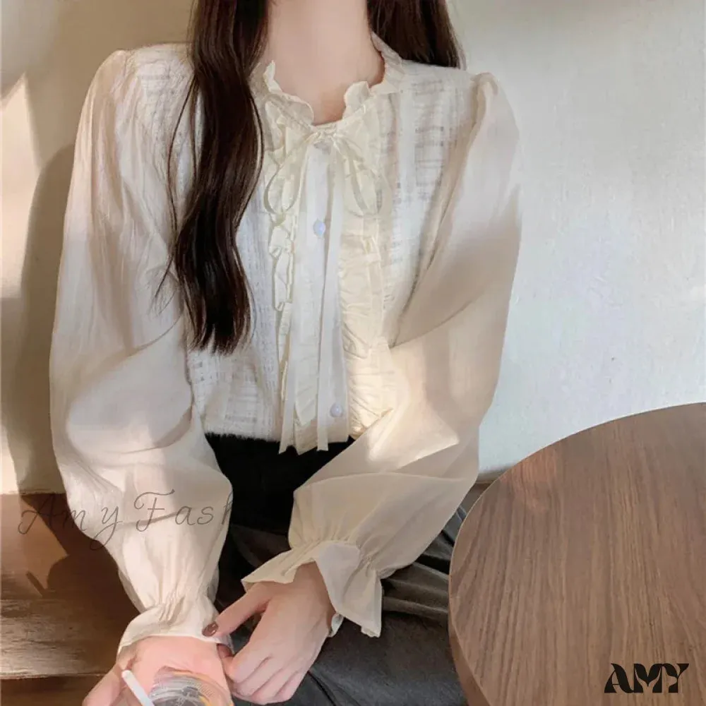 Elegant Lace Trim O-Neck Fall Sweet Cute Blouse