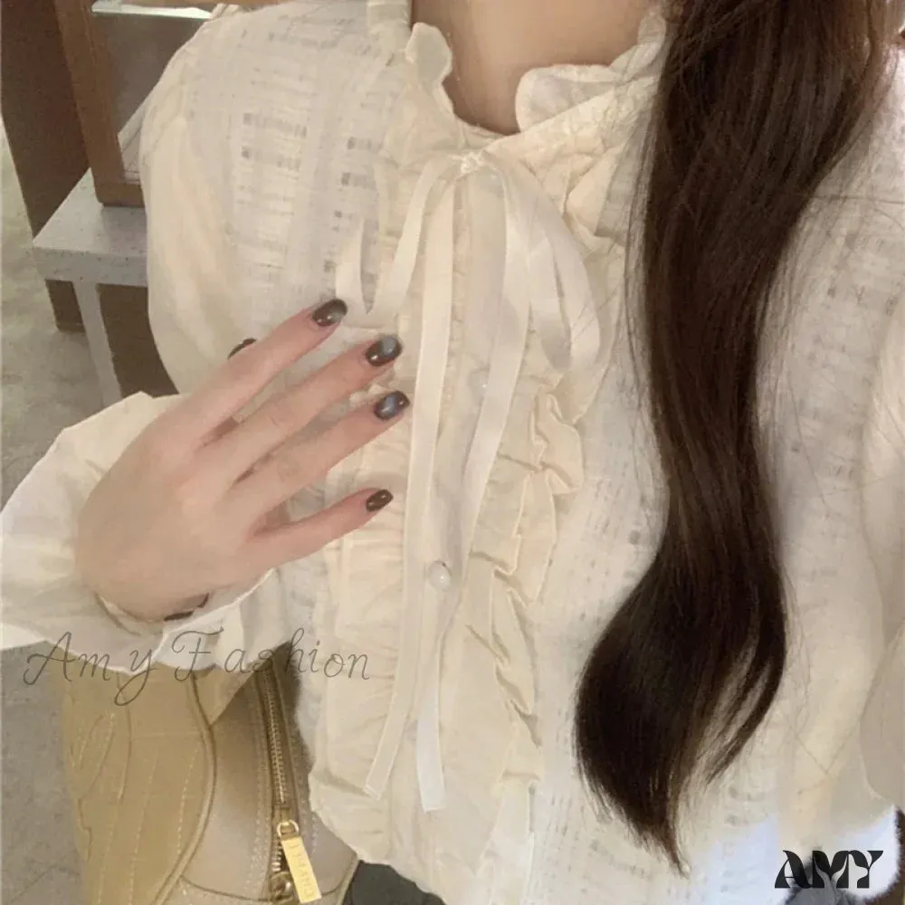 Elegant Lace Trim O-Neck Fall Sweet Cute Blouse