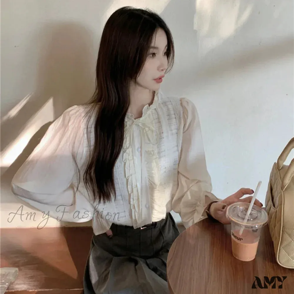 Elegant Lace Trim O-Neck Fall Sweet Cute Blouse