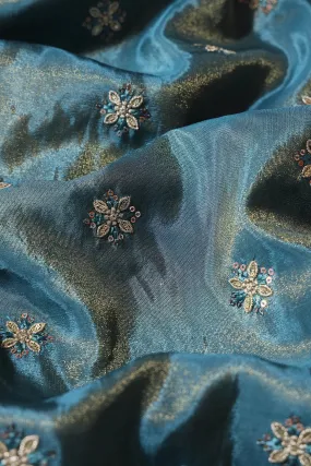 Gold Sequins And Zari Floral Booti Embroidery Work On Turkish Blue Pure Viscose Zari Tissue Fabric