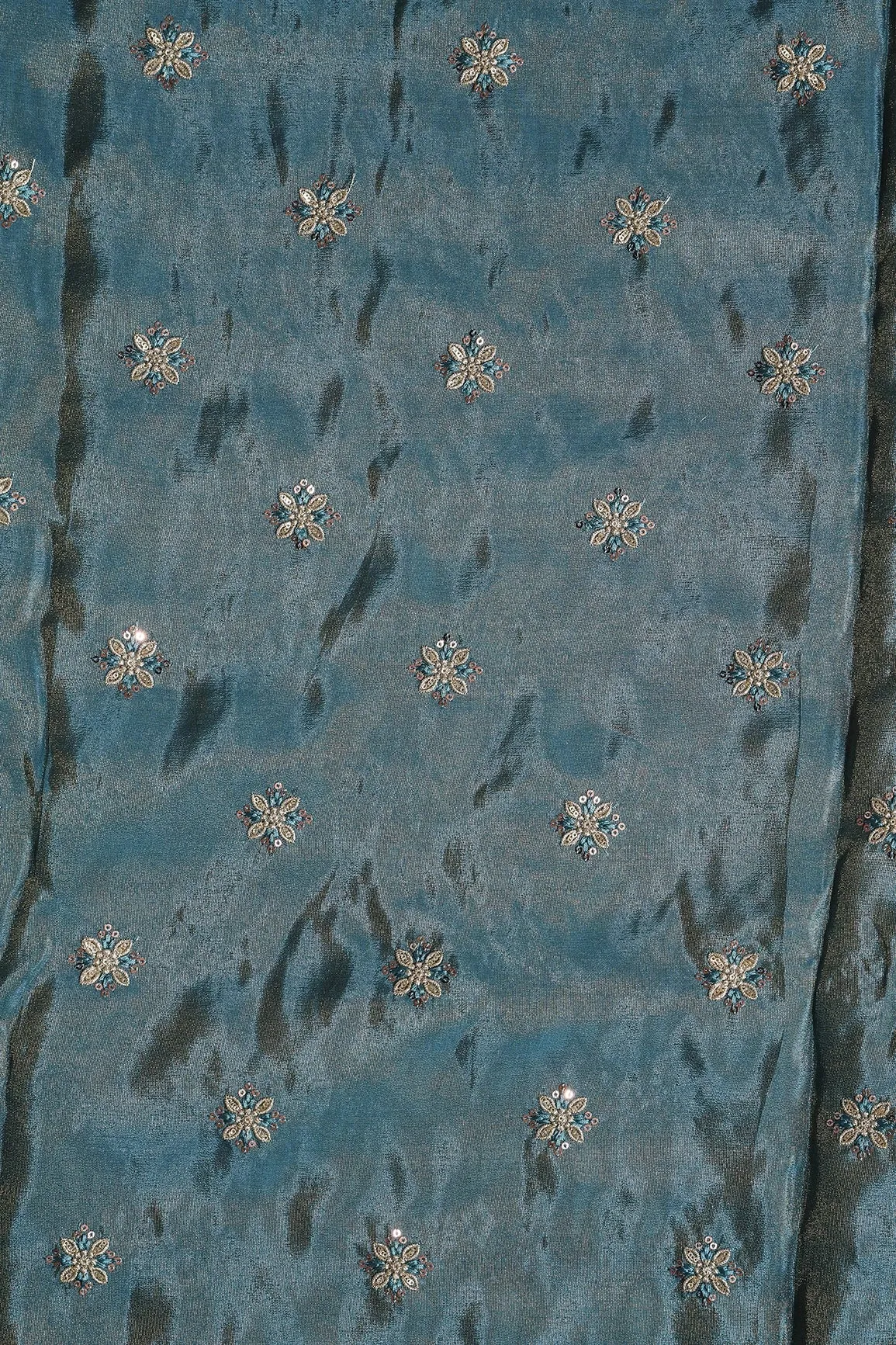 Gold Sequins And Zari Floral Booti Embroidery Work On Turkish Blue Pure Viscose Zari Tissue Fabric