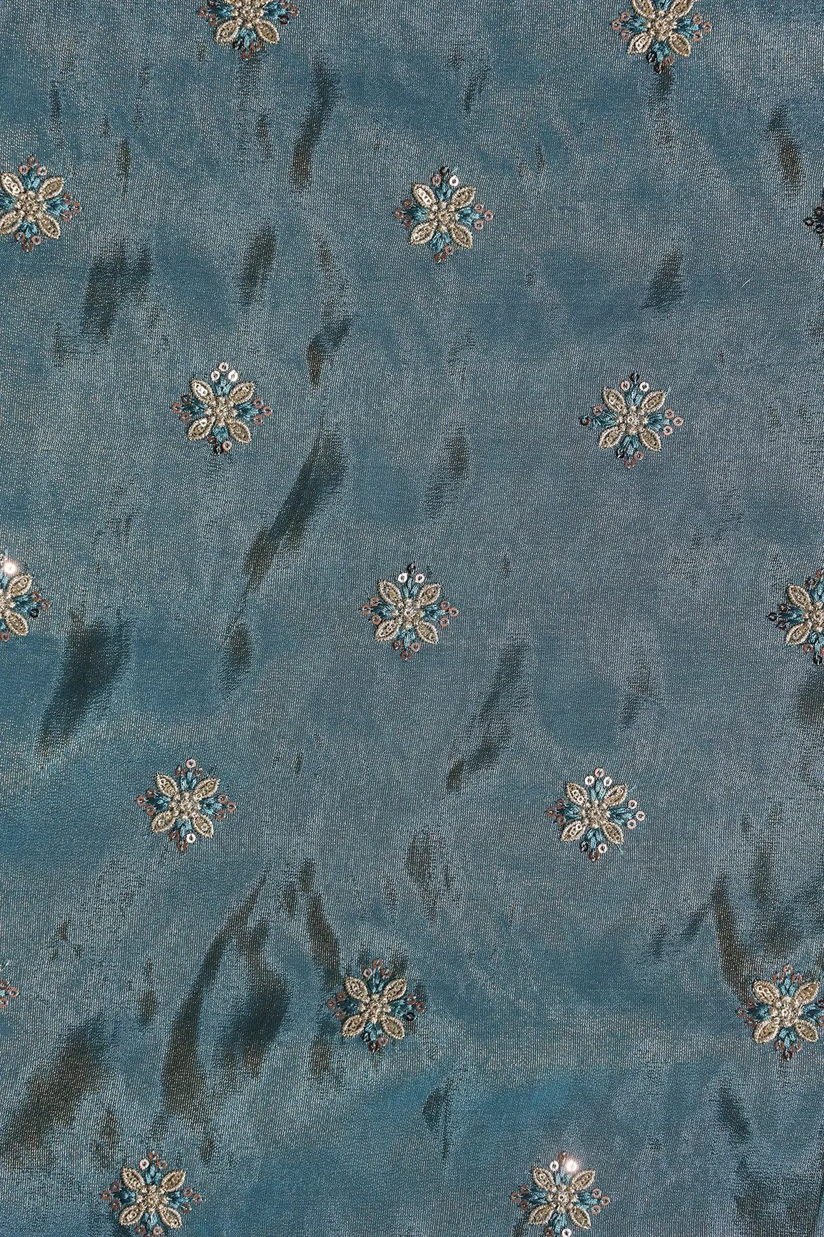 Gold Sequins And Zari Floral Booti Embroidery Work On Turkish Blue Pure Viscose Zari Tissue Fabric