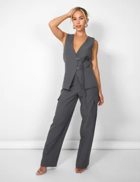 Kaiia Wide Leg Cargo Trousers in Charcoal Grey