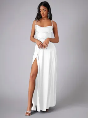 Trendy Satin Backless Evening Dress with Slit