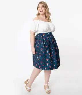 Unique Vintage Plus Size Navy Mushroom Print Jayne Swing Skirt