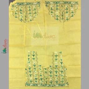 Yellow Kantha Blouse Fabric With Green & White Motifs